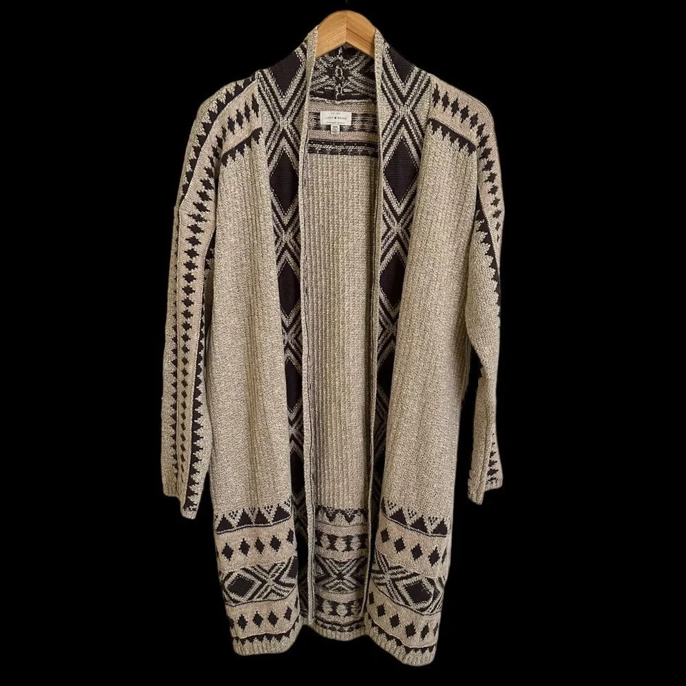 Lucky Brand Womens Medium Tan Aztec Longline Cardigan Sweater Open Front Geo